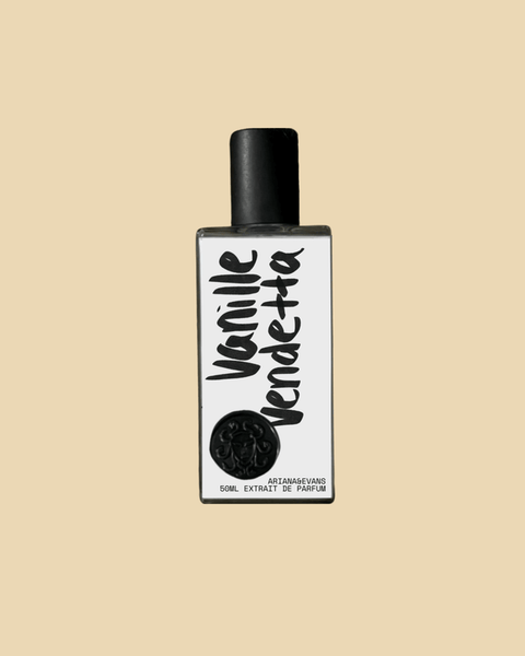 Vanille Vendetta Extrait de Parfum niche fragrance in 50ml bottle with cream background